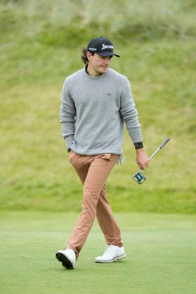 BALMEDIE, SCOTLAND - AUG 22: Maximilian Steinlechner (AUT) lines up a putt on the second green during Round 3 at the 2026 Nexo Championship at the Trump International Golf Links, Balmedie on August 22, 2026 in Aberdeenshire, Scotland The 2026 Nexo Championship