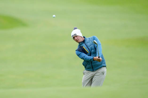 BALMEDIE, SCOTLAND - AUG 22: Joe Dean (ENG) chips to the 1st green during Round 3 at the 2026 Nexo Championship at the Trump International Golf Links, Balmedie on August 22, 2026 in Aberdeenshire, Scotland The 2026 Nexo Championship