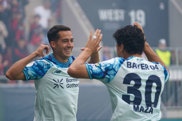 Deutschland: Fußball DFB-Pokal 2026 2027, 1. Spieltag - SV Wehen Wiesbaden vs Bayer 04 Leverkusen Brita-Arena (Wiesbaden) Tor und Torjubel zum 0:2 durch Lucas Vazquez (B04, 17) mit Ibrahim Maza (B04, 30) *** Germany Soccer DFB Cup 2026–2027, Matchday 1: SV Wehen Wiesbaden vs. Bayer 04 Leverkusen at Brita Arena, Wiesbaden. Goal and goal celebration for the 0–2 score by Lucas Vázquez (B04, 17) and Ibrahim Maza (B04, 30). Copyright: xTobiasxWentzellx