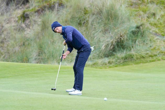 BALMEDIE, SCOTLAND - AUG 22: Marcel Siem (GER) putts on the first green during Round 3 at the 2026 Nexo Championship at the Trump International Golf Links, Balmedie on August 22, 2026 in Aberdeenshire, Scotland The 2026 Nexo Championship
