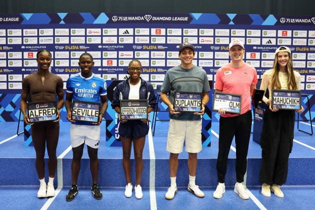 CHORZOW 22.08.2026 DIAMENTOWA LIGA - MEMORIAL KAMILI SKOLIMOWSKIEJ - KONFERENCJA PRASOWA --- DIAMOND LEAGUE - SILESIA KAMILA SKOLIMOWSKA ATHLETICS MEMORIAL - press conference, PK, Pressekonferenz JULIEN ALFRED OBLIQUE SEVILLE MELISSA JEFFERSON-WOODEN MONDO DUPLANTIS KARSTEN WARHOLM JAROSLAWA MAHUCZICH FOT. PIOTR KUCZA FOTOPYK NEWSPIX.PL --- newspix.pl POLAND OUT! 