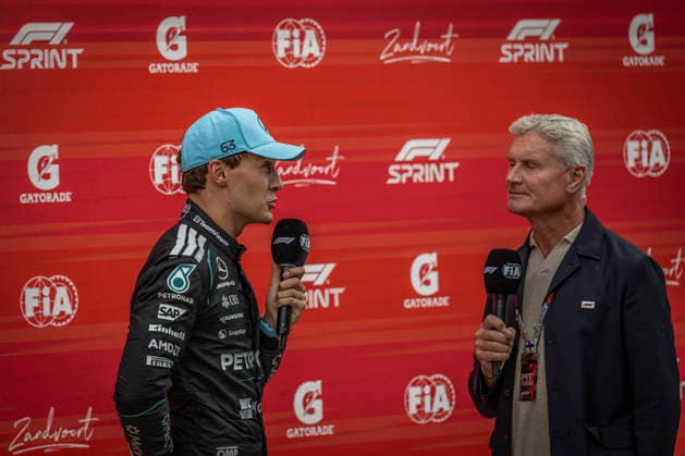 RECORD DATE NOT STATED 22nd August 2026; Circuit Zandvoort, Zandvoort, North Holland, Netherlands; Formula 1 Heineken Dutch Grand Prix 2026; Sprint Race and Qualifying Day; Former race winner David Coultard interviews George Russell (63) of Great Britain and Mercedes-AMG PETRONAS Formula One Team after the sprint race GodfreyxPitt