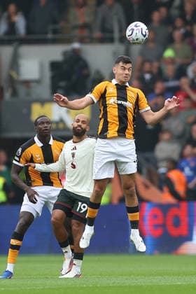 RECORD DATE NOT STATED 22nd August 2026; MKM Stadium, Hull, Yorkshire, England; Premier League Football, Hull City versus Manchester United, ManU Hull City s John Egan heads clear DavidxLofthouse