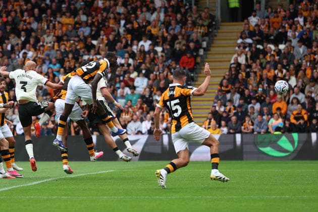RECORD DATE NOT STATED 22nd August 2026; MKM Stadium, Hull, Yorkshire, England; Premier League Football, Hull City versus Manchester United, ManU Hull City s Nobel Mendy heads in the tigers second goal DavidxLofthouse