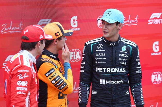 F1 Dutch Grand Prix Sprint ZANDVOORT, NETHERLANDS - AUGUST 22: Charles Leclerc of Ferrari, Lando Norris of McLaren and George Russell of Mercedes after Sprint ahead of the Formula 1 Dutch Grand Prix at Circuit Zandvoort in Zandvoort on August 22, 2026. Jakub Porzycki Anadolu Zandvoort Netherlands Antilles. Editorial use only. Please get in touch for any other usage.  Copyright: x2026xAnadoluxJakubxPorzyckix