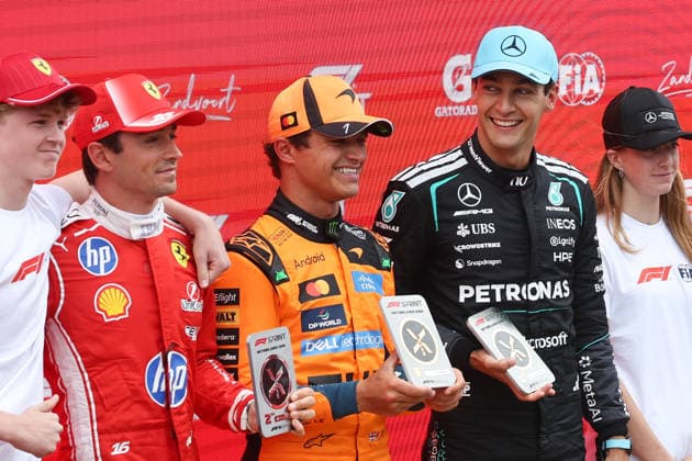 F1 Dutch Grand Prix Sprint ZANDVOORT, NETHERLANDS - AUGUST 22: Charles Leclerc of Ferrari, Lando Norris of McLaren and George Russell of Mercedes after Sprint ahead of the Formula 1 Dutch Grand Prix at Circuit Zandvoort in Zandvoort on August 22, 2026. Jakub Porzycki Anadolu Zandvoort Netherlands Antilles. Editorial use only. Please get in touch for any other usage.  Copyright: x2026xAnadoluxJakubxPorzyckix