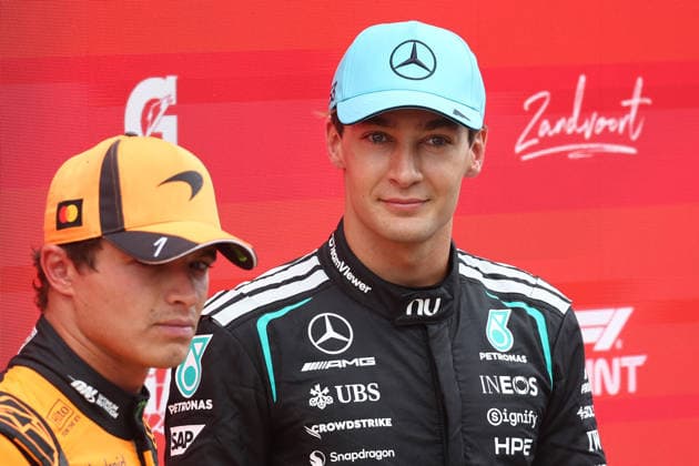 F1 Dutch Grand Prix Sprint ZANDVOORT, NETHERLANDS - AUGUST 22: Lando Norris of McLaren and George Russell of Mercedes after Sprint ahead of the Formula 1 Dutch Grand Prix at Circuit Zandvoort in Zandvoort on August 22, 2026. Jakub Porzycki Anadolu Zandvoort Netherlands Antilles. Editorial use only. Please get in touch for any other usage.  Copyright: x2026xAnadoluxJakubxPorzyckix