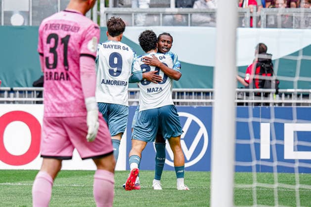 Deutschland: Fussball Saison 2026 2027 , DFB-Pokal Runde 1 1. Runde , SV Wehen Wiesbaden vs. Bayer Leverkusen - Brita-Arena (Wiesbaden) : Ibrahim Maza (Bayer 04 Leverkusen, 30) und Nathan Tella (Bayer 04 Leverkusen, 23) Tor, Torjubel, Jubel, Freude, Emotionen, Tor und Torjubel zum 0:3 Wiesbaden Brita-Arena Deutschland Germany *** Germany Soccer Season 2026–2027, DFB Cup Round 1, SV Wehen Wiesbaden vs. Bayer Leverkusen, Brita Arena, Wiesbaden: Ibrahim Maza (Bayer 04 Leverkusen, 30) and Nathan Tella (Bayer 04 Leverkusen, 23) – goal, goal celebration, celebration, joy, emotions, goal, and goal celebration for the 0–3 win over Wiesbaden at Brita Arena, Germany Copyright: xBennetxLongx