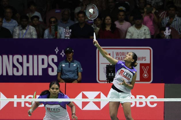 India s Treesa Jolly and Gayatri Gopichand Pullela compete during a women s doubles semifinal badminton match during the BWF World Championships 2026 at Indira Gandhi Indoor Stadium, in New Delhi on August 22, 2026. New Delhi India Copyright: xAnshumanxAkashx