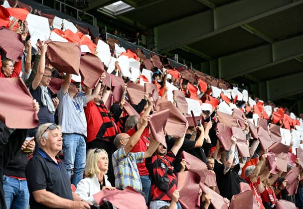 DFB-Pokal 2026 27 1. Runde Wiesbaden - BRITA-Arena SV Wehen Wiesbaden (svww) - Bayer Leverkusen (lev) 0:4 Leverkusener Fans DFB-Pokal *** 2026-27 DFB Cup, First Round, Wiesbaden, BRITA Arena: SV Wehen Wiesbaden vs. Bayer Leverkusen, 0-4; Leverkusen fans, DFB Cup