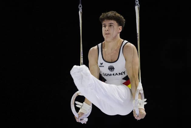 Kimi Köhnlein, GER, during juniors rings final at 2026 Europeans in Zagreb; 22 08 2026; *** Kimi Köhnlein, GER, during the junior rings final at the 2026 European Championships in Zagreb on August 22, 2026 
