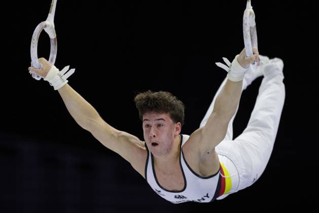 Kimi Köhnlein, GER, during juniors rings final at 2026 Europeans in Zagreb; 22 08 2026; *** Kimi Köhnlein, GER, during the junior rings final at the 2026 European Championships in Zagreb on August 22, 2026 