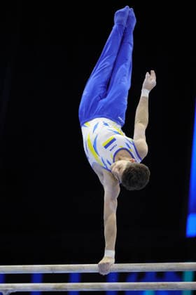 Volodymyr Golovin, UKR, during juniors parallel bars final at 2026 Europeans in Zagreb; 22 08 2026; *** Volodymyr Golovin, UKR, during the junior parallel bars final at the 2026 European Championships in Zagreb on August 22, 2026 
