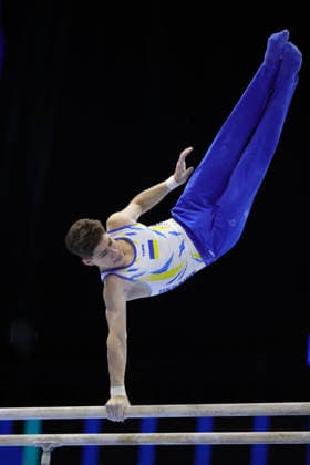 Volodymyr Golovin, UKR, during juniors parallel bars final at 2026 Europeans in Zagreb; 22 08 2026; *** Volodymyr Golovin, UKR, during the junior parallel bars final at the 2026 European Championships in Zagreb on August 22, 2026 