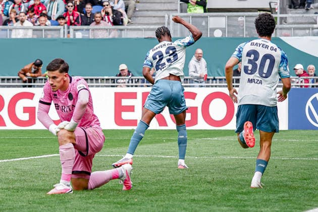 Deutschland: Fussball Saison 2026 2027 , DFB-Pokal Runde 1 1. Runde , SV Wehen Wiesbaden vs. Bayer Leverkusen - Brita-Arena (Wiesbaden) : Nathan Tella (Bayer 04 Leverkusen, 23) Tor, Torjubel, Jubel, Freude, Emotionen, Tor und Torjubel zum 0:3 Wiesbaden Brita-Arena Deutschland Germany *** Germany Soccer Season 2026–2027, DFB Cup Round 1, SV Wehen Wiesbaden vs. Bayer Leverkusen at Brita Arena, Wiesbaden; Nathan Tella (Bayer 04 Leverkusen), 23rd goal, goal celebration, celebration, joy, emotions, goal, and goal celebration for the 0–3 win over Wiesbaden at Brita Arena, Germany Copyright: xBennetxLongx