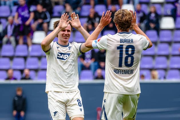 Patrick Wimmer (TSG 1899 Hoffenheim, 08) und Wouter Burger (TSG 1899 Hoffenheim, 18) Jubel, Torjubel, jubelt ueber Tor zum 0:2, FC Erzgebirge Aue vs. TSG Hoffenheim, Fussball, DFB Pokal, 1. Runde, Saison 2026 2027, 22.08.2026,¨ DFL REGULATIONS PROHIBIT ANY USE OF PHOTOGRAPHS AS IMAGE SEQUENCES AND OR QUASI-VIDEO,¨ FC Erzgebirge Aue vs. TSG Hoffenheim, Fussball, DFB Pokal, 1. Runde, Saison 2026 2027, 22.08.2026, Aue *** Patrick Wimmer of TSG 1899 Hoffenheim, age 8, and Wouter Burger of TSG 1899 Hoffenheim, age 18, celebrating, cheering after a goal to make it 0–2, FC Erzgebirge Aue vs. TSG Hoffenheim, soccer, DFB Cup, 1st round, 2026–2027 season, August 22, 2026, DFL regulations prohibit any use of photographs as image sequences and or quasi-video, FC Erzgebirge Aue vs. TSG Hoffenheim, soccer, DFB Cup, Round 1, 2026–2027 Season, August 22, 2026, Aue Copyright: xEibner-Pressefoto LauraxRoemerx EP_LRR