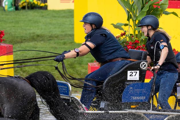 Anna SANDMANN (GER), mit ihrem Gespann im Wasser, Einzelaktion, Fahren, Aktion, A2: Marathon FEI Driving World Championship, WM, Weltmeisterschaft - Team und Einzel, am 22.08.2026, FEI Reit Weltmeisterschaft Aachen 2026 vom 11. - 23.08.2026 in Aachen Deutschland; Â *** Anna SANDMANN (GER), with her team in the water, individual event, driving, action, A2 Marathon at the FEI Driving World Championship (Team and Individual), on August 22, 2026, FEI World Equestrian Games Aachen 2026, August 11–23, 2026, in Aachen, Germany Â
