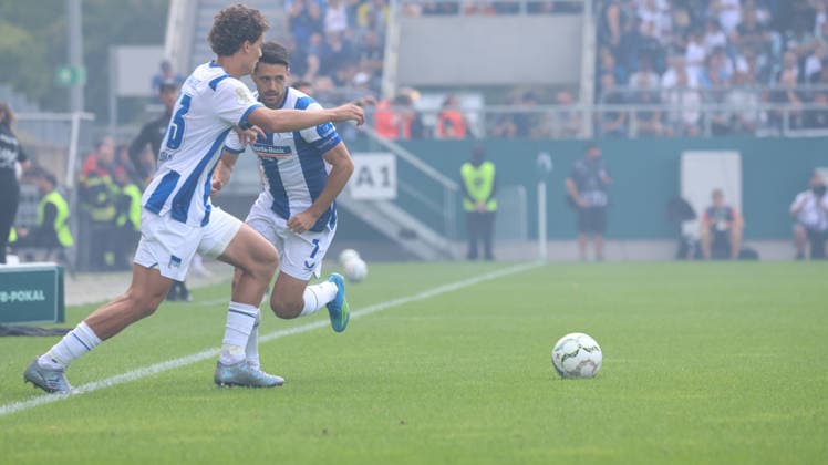 22.08.2026, xrekx, Fussball DFB Pokal 1.Runde, 1.FC Saarbruecken - Hertha BSC Berlin v.l. Soufian Gouram (Hertha BSC) Josip Brekalo (Hertha BSC) (DFL DFB REGULATIONS PROHIBIT ANY USE OF PHOTOGRAPHS as IMAGE SEQUENCES and or QUASI-VIDEO) Saarbruecken *** August 22, 2026, xrekx, Soccer DFB Cup First Round, 1 FC Saarbrücken vs. Hertha BSC Berlin, Soufian Gouram (Hertha BSC), Josip Brekalo (Hertha BSC). DFL and DFB regulations prohibit any use of photographs as image sequences and or quasi-video. Saarbrücken