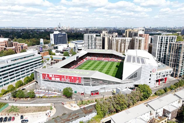 London, England, 22nd August 2026. A general view of the outside of the stadium before the Brentford vs Tottenham Hotspur Premier League match at Gtech Community Stadium, London. Picture credit should read: Paul Terry Sportimage EDITORIAL USE ONLY. No use with unauthorised audio, video, data, fixture lists, club league logos or live services. Online in-match use limited to 120 images, no video emulation. No use in betting, games or single club league player publications. SPI_001_PT_Brentford_Tottenham SPI-4927-0001