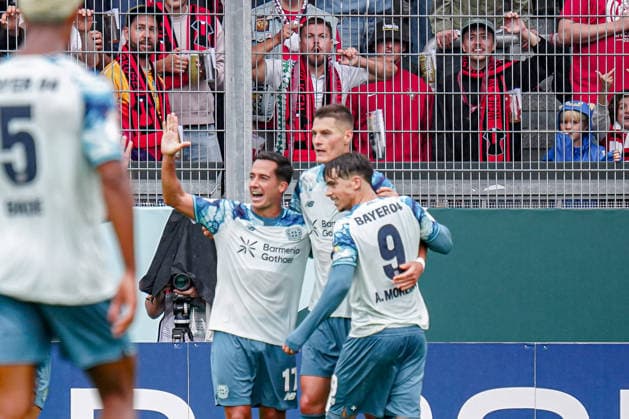 Deutschland: Fussball Saison 2026 2027 , DFB-Pokal Runde 1 1. Runde , SV Wehen Wiesbaden vs. Bayer Leverkusen - Brita-Arena (Wiesbaden) : Afonso Moreira (Bayer 04 Leverkusen, 9) , Lucas Vazquez (Bayer 04 Leverkusen, 17) und Patrik Schick (Bayer 04 Leverkusen, 14) Tor, Torjubel, Jubel, Freude, Emotionen, Tor und Torjubel zum 0:1 Wiesbaden Brita-Arena Deutschland Germany *** Germany Soccer Season 2026–2027, DFB Cup Round 1, SV Wehen Wiesbaden vs. Bayer Leverkusen, Brita Arena, Wiesbaden; Afonso Moreira (Bayer 04 Leverkusen, 9), Lucas Vázquez (Bayer 04 Leverkusen, 17), and Patrik Schick (Bayer 04 Leverkusen, 14); goal, goal celebration, celebration, joy, emotions, goal, and goal celebration for the 0–1 win over Wiesbaden at Brita Arena, Germany Copyright: xBennetxLongx
