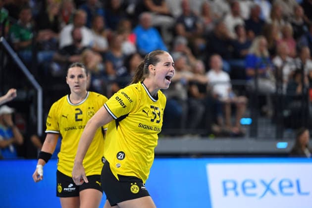 Torjubel v.li:Guro Nestaker(DO), Jubel,Freude,Begeisterung,Aktion. Handball Rexel Super Cup 2026 der Frauen HSG Blomberg-Lippe vs. Borussia Dortmund am 22.08.2026 SAP GARDEN Muenchen. *** Goal celebration by Guro Nestaker (DO), celebration, joy, excitement, action: 2026 Rexel Super Cup Women s Handball Match between HSG Blomberg Lippe and Borussia Dortmund on August 22, 2026, at SAP GARDEN in Munich