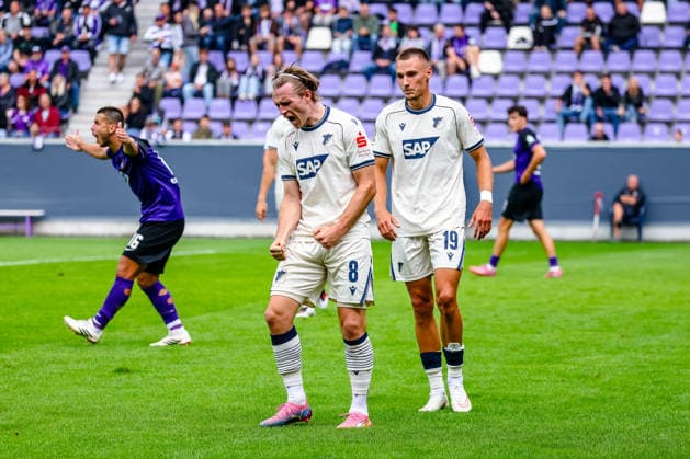 Patrick Wimmer (TSG 1899 Hoffenheim, 08) Jubel, Torjubel, jubelt ueber Tor zum 0:3, Tim Lemperle (TSG 1899 Hoffenheim, 19), Patrick Kapp (FC Erzgebirge Aue, 16) regt sich ueber entscheidung auf, FC Erzgebirge Aue vs. TSG Hoffenheim, Fussball, DFB Pokal, 1. Runde, Saison 2026 2027, 22.08.2026,¨ DFL REGULATIONS PROHIBIT ANY USE OF PHOTOGRAPHS AS IMAGE SEQUENCES AND OR QUASI-VIDEO,¨ FC Erzgebirge Aue vs. TSG Hoffenheim, Fussball, DFB Pokal, 1. Runde, Saison 2026 2027, 22.08.2026, Aue *** Patrick Wimmer, TSG 1899 Hoffenheim, 08, celebration, goal celebration, celebrating the goal that made it 0-3; Tim Lemperle, TSG 1899 Hoffenheim, 19, Patrick Kapp, FC Erzgebirge Aue, 16, is upset about a decision, FC Erzgebirge Aue vs. TSG Hoffenheim, soccer, DFB Cup, 1st round, 2026–2027 season, August 22, 2026, DFL regulations prohibit any use of photographs as image sequences and or quasi-video, FC Erzgebirge Aue vs. TSG Hoffenheim, soccer, DFB Cup, Round 1, 2026–2027 Season, August 22, 2026, Aue Copyright: xEibner-Pressefoto LauraxRoemerx EP_LRR