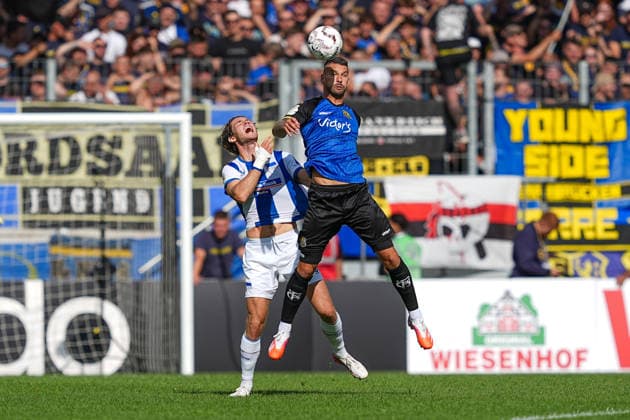 22.08.2026, xydrx, Fußball, DFB Pokal, 1. FC Saarbrücken - Hertha BSC, Saison 2026 2027, Ludwigsparkstadion: Linus Gechter (Hertha BSC, 44) im Zweikampf gegen Kai Bruenker (1.FC Saarbruecken, 9) DFB regulations prohibit any use of photographs as image sequences and or quasi-video. *** August 22, 2026, xydrx, Soccer, DFB Cup, 1. FC Saarbrücken vs. Hertha BSC, 2026–2027 season, Ludwigsparkstadion, Linus Gechter (Hertha BSC), No. 44 in a tackle against Kai Bruenker (1 FC Saarbrücken), No. 9. DFB regulations prohibit any use of photographs as image sequences and or quasi-video. Copyright: HMBxMedia YannisxDreimann