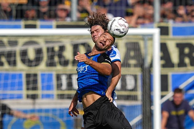 22.08.2026, xydrx, Fußball, DFB Pokal, 1. FC Saarbrücken - Hertha BSC, Saison 2026 2027, Ludwigsparkstadion: Linus Gechter (Hertha BSC, 44) im Zweikampf gegen Kai Bruenker (1.FC Saarbruecken, 9) DFB regulations prohibit any use of photographs as image sequences and or quasi-video. *** August 22, 2026, xydrx, soccer, DFB Cup, 1 FC Saarbrücken vs. Hertha BSC, 2026–2027 season, Ludwigsparkstadion, Linus Gechter (Hertha BSC), No. 44 in a tackle against Kai Bruenker (1 FC Saarbrücken), No. 9. DFB regulations prohibit any use of photographs as image sequences and or quasi-video. Copyright: HMBxMedia YannisxDreimann