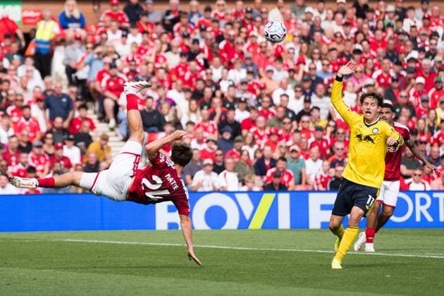 James McAtee of Nottingham Forest acrobatically clears the ball Nottingham Forest v Leeds United, Premier League, Football, The City Ground, Nottingham, UK - 22 Aug 2026Nottingham The City Ground United Kingdom EDITORIAL USE ONLY No use with unauthorised audio, video, data, fixture lists, club league logos or live services. Online in-match use limited to 120 images, no video emulation. No use in betting, games or single club league player publications.  Copyright: xWiredxPhotos Shutterstockx 17112526am