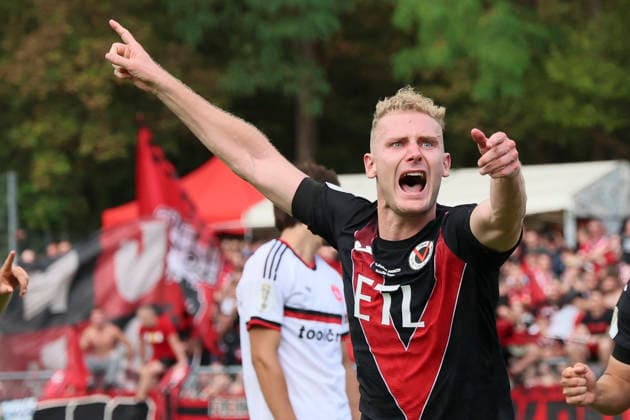 KOELN, GERMANY - AUGUST 22, 2026: Meiko Sponsel (Viktoria Koeln, 19) celebrates his 1:1 goal during the DFB-Cup match between Viktoria Koeln vs. 1. FC Nuernberg at the Sportpark Hoehenberg on August 22, 2026 in Koeln, Germany. DFL REGULATIONS PROHIBIT ANY USE OF PHOTOGRAPHS AS IMAGE SEQUENCES AND OR QUASI-VIDEO. Nordrhein-Westfalen Germany Copyright: xAxelxKohringx
