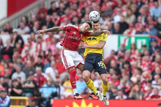 Nottingham Forest v Leeds United, Premier League Nottingham Forest forward Igor Jesus (11) heads the ball fron Leeds United defender Jaka Bijol (15) during the Premier League match between Nottingham Forest and Leeds United at the City Ground, Nottingham, UK on 22 August 2026. Nottingham City Ground Nottinghamshire UK Editorial use only DataCo restrictions apply See www.football-dataco.com , Copyright: xManjitxNarotrax PSI-24717-0041