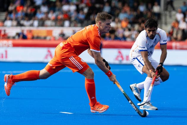 FIH Hockey World Cup: Netherlands v India AMSTELVEEN, NL - AUGUST 22: Sanjay of India and Koen Bijen of Netherlands during the FIH Hockey World Cup match between Netherlands and India at Wagener Stadion on August 22, 2026 in Amstelveen, Netherlands. Amstelveen Wagener Stadion Netherlands Content not available for redistribution in The Netherlands directly or indirectly through any third parties. Copyright: xMarcelxvanxPlateringenx