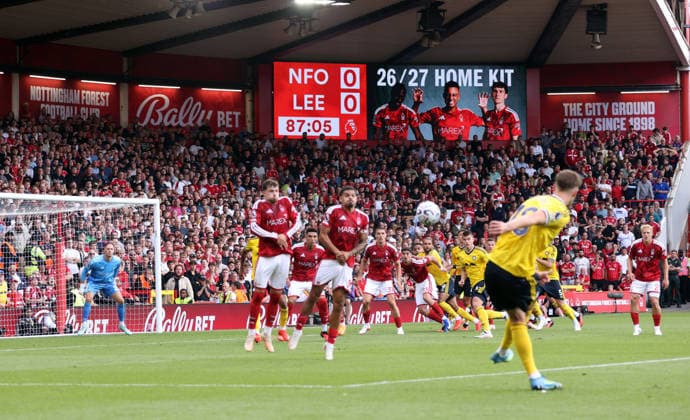 Anton Stach (LU) scores the first Leeds goal (0-1) at the Nottingham Forest v Leeds United, EPL match, at The City Ground, Nottingham, Notts., on 22nd August, 2026.  .
