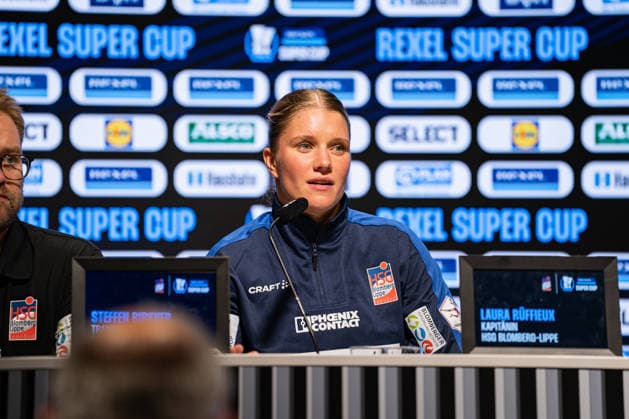 HSG Blomberg-Lippe (GER) vs. Borussia Dortmund (GER), Handball, 1. Handball Bundesliga Frauen, Rexel Supercup 2026, Saison 2026 2027, Muenchen, 22.08.2026 Laura Rueffieux (HSG Blomberg-Lippe, 03) bei der Pressekonferenz Muenchen SAP Garden Deutschland *** HSG Blomberg Lippe GER vs. Borussia Dortmund GER, Handball, Women s Handball Bundesliga 1, 2026 Rexel Supercup, 2026–2027 Season, Munich, August 22, 2026—Laura Rueffieux of HSG Blomberg Lippe, No. 3, at the press conference at SAP Garden in Munich, Germany