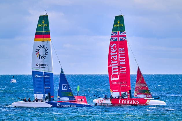 GER, Rockwool Garmany Sail Grand Prix, Sail GP, Sail GP Germany, Sassnitz, 22.-23.08.2026, Deutschland, GERMANY BY DEUTSCHE BANK - Sail GP Team - Germany; Driver - Erik Kosegarten-Heil, EMIRATES GBR - Sail GP Team - Great Britain; Driver - Dylan Fletcher, GER, Sail GP, Rockwool Germany Sail Grand Prix, Sassnitz, 22.-23.08.2026, Deutschland, Freitag, 22.08.2026, Renntag 1, *** GER, Rockwool Germany Sail Grand Prix, Sail GP, Sail GP Germany, Sassnitz, August 22–23, 2026, Germany, GERMANY BY DEUTSCHE BANK Sail GP Team Germany Driver Erik Kosegarten Heil, EMIRATES GBR Sail GP Team Great Britain Driver Dylan Fletcher, GER, Sail GP, Rockwool Germany Sail Grand Prix, Sassnitz, August 22–23, 2026, Germany, Friday, August 22, 2026, Race Day 1, Copyright: xClaudiusxRauchx