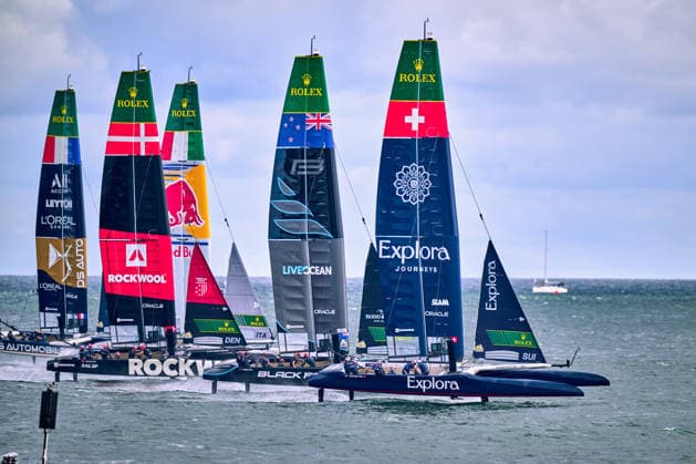 GER, Rockwool Garmany Sail Grand Prix, Sail GP, Sail GP Germany, Sassnitz, 22.-23.08.2026, Deutschland, EXPLORA JOURNEYS SWISS - Sail GP Team - Switzerland; Driver - Sebastien Schneiter, BLACK FOILS - Sail GP Team - New Zealand; Driver - Peter Burling, ROCKWOOL RACING - Sail GP Team - Denmark; Driver - Nicolai Sehested, DS AUTOMOBILES FRA - Sail GP Team - France; Driver - Quentin Delapierre, RED BULL ITALY - Sail GP Team - Italy; Driver - Phil Robertson, GER, Sail GP, Rockwool Germany Sail Grand Prix, Sassnitz, 22.-23.08.2026, Deutschland, Freitag, 22.08.2026, Renntag 1, *** GER, Rockwool Germany Sail Grand Prix, Sail GP, Sail GP Germany, Sassnitz, August 22–23, 2026, Germany, EXPLORA JOURNEYS SWISS Sail GP Team Switzerland Driver Sebastien Schneiter, BLACK FOILS Sail GP Team New Zealand Driver Peter Burling, ROCKWOOL RACING Sail GP Team Denmark Driver Nicolai Sehested, DS AUTOMOBILES FRA Sail GP Team France Driver Quentin Delapierre, RED BULL ITALY Sail GP Team Italy Driver Phil Robertson, GER, Sail GP, Rockwool Germany Sail Grand Prix, Sassnitz, August 22–23, 2026, Germany, Friday, August 22, 2026, Race Day 1, Copyright: xClaudiusxRauchx