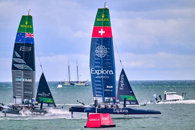 GER, Rockwool Garmany Sail Grand Prix, Sail GP, Sail GP Germany, Sassnitz, 22.-23.08.2026, Deutschland, EXPLORA JOURNEYS SWISS - Sail GP Team - Switzerland; Driver - Sebastien Schneiter, BLACK FOILS - Sail GP Team - New Zealand; Driver - Peter Burling, GER, Sail GP, Rockwool Germany Sail Grand Prix, Sassnitz, 22.-23.08.2026, Deutschland, Freitag, 22.08.2026, Renntag 1, *** GER, Rockwool Germany Sail Grand Prix, Sail GP, Sail GP Germany, Sassnitz, August 22–23, 2026, Germany, EXPLORA JOURNEYS SWISS Sail GP Team Switzerland driver Sebastien Schneiter, BLACK FOILS Sail GP Team New Zealand driver Peter Burling, GER, Sail GP, Rockwool Germany Sail Grand Prix, Sassnitz, August 22–23, 2026, Germany, Friday, August 22, 2026, Race Day 1, Copyright: xClaudiusxRauchx