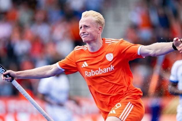 AMSTELVEEN, 22-08-2026, Wagener Stadion, FIH Hockey World Cup 2026 Men, 2026. Tjep Hoedemakers celebrates after the goal in the game Netherlands - India (men). Netherlands - India (men)  x205938206x Copyright: