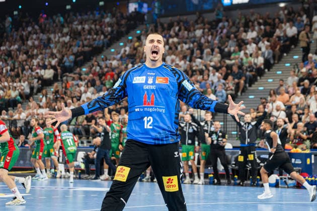 Fuechse Berlin (GER) vs SC Magdeburg (GER), Handball, 1. Handball Bundesliga Herren, Rexel Supercup 2026, Saison 2026 2027, Muenchen, 22.08.2026 Matej Mandic (SC Magdeburg, 12) jubelt nach einer Parade Muenchen SAP Garden Deutschland *** Fuechse Berlin (GER) vs. SC Magdeburg (GER), Handball, Men s Handball Bundesliga 1, 2026 Rexel Super Cup, 2026–2027 Season, Munich, August 22, 2026: Matej Mandic of SC Magdeburg, No. 12, celebrates after a save at the SAP Garden in Munich, Germany