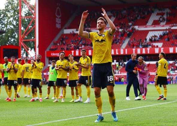 Anton Stach of Leeds United celebrates at the end of the match Nottingham Forest v Leeds United, Premier League Football, Football, City Ground, Nottingham, UK - 22 Aug 2026Nottingham City Ground United Kingdom EDITORIAL USE ONLY No use with unauthorised audio, video, data, fixture lists, club league logos or live services. Online in-match use limited to 120 images, no video emulation. No use in betting, games or single club league player publications.  Copyright: xMattxWest Shutterstockx 17111732az