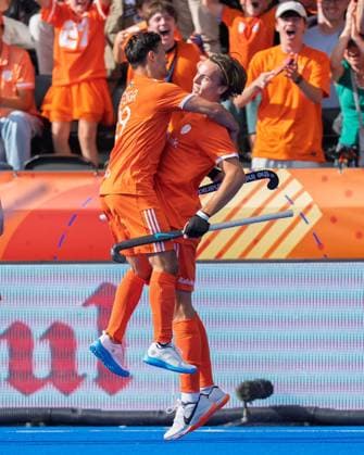 AMSTELVEEN, 22-08-2026, Wagener Stadion, FIH Hockey World Cup 2026 Men, 2026. Duco Telgenkamp celebrates goal with Tijmen Reyenga during the game Netherlands - India (men) Netherlands - India (men)  x205938407x Copyright: