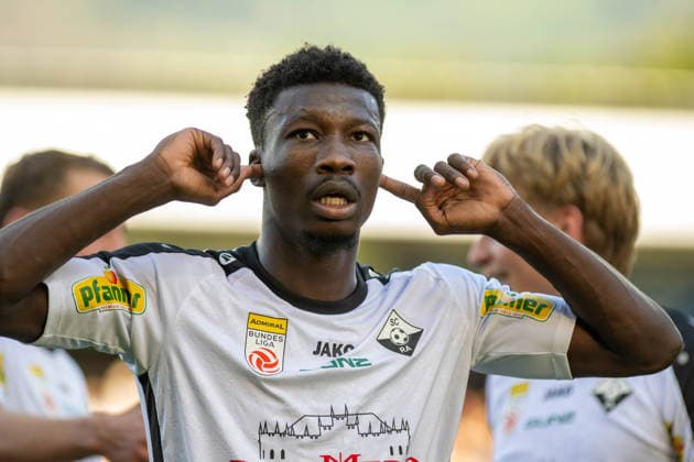 SOCCER - BL, Altach vs Hartberg ALTACH,AUSTRIA,22.AUG.26 - SOCCER - ADMIRAL Bundesliga, SCR Altach vs TSV Hartberg. Image shows the rejoicing of Ousmane Diawara (Altach).  GEPAxpictures xOliverxLerch