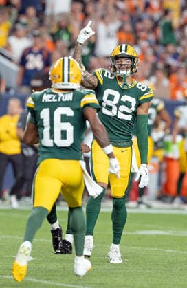 August 22, 2026, Denver, Colorado, USA: Packers WR WIL SHEPPARD celebrates with team mate WR BO MELTON after catching a TD pass during the 1st. Half at Empower Field at Mile High Friday evening. Packers beat the Broncos in Pre-Season 33-13. Credit Image: ZUMA Press Wire) NFL, American Football Herren, USA Pre-Season 2026 - Packers Beat The Broncos In Pre-Season 33-13 Friday Evening.  - ZUMAav4_ 20260822_zaf_av4_010 Copyright: xHectorxAcevedox