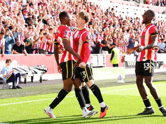 London, England, 22nd August 2026. Keane Lewis-Potter (C) of Brentford celebrates after scoring to make it 1-0 during the Brentford vs Tottenham Hotspur Premier League match at Gtech Community Stadium, London. Picture credit should read: Paul Terry Sportimage EDITORIAL USE ONLY. No use with unauthorised audio, video, data, fixture lists, club league logos or live services. Online in-match use limited to 120 images, no video emulation. No use in betting, games or single club league player publications. SPI_017_PT_Brentford_Tottenham SPI-4927-0017