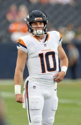 August 22, 2026, Denver, Colorado, USA: Broncos QB BO NIX looks on from the sidelines during the 1st. Half at Empower Field at Mile High Friday evening. Packers beat the Broncos in Pre-Season 33-13. Credit Image: ZUMA Press Wire) Denver USA - ZUMAav4_ 20260822_zaf_av4_021 Copyright: xHectorxAcevedox