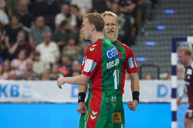 22.08.2026, xgox, Handball - Rexel Super-Cup, SC Magdeburg - Füchse Berlin emspor, v.l. Matthias Musche (Magdeburg, 6) Jubel, Torjubel, jubelt ueber das Tor, celebrate the goal, celebration München *** August 22, 2026, xgox, Handball Rexel Super Cup, SC Magdeburg vs. Füchse Berlin emspor, from left: Matthias Musche (Magdeburg), 6 celebrations, goal celebration, celebrating the goal, celebration Munich