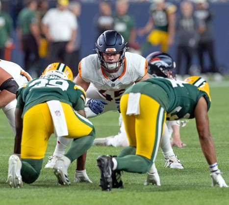 August 22, 2026, Denver, Colorado, USA: Broncos TE NATE ADKINS lines up to block for a FG attempt during the 2nd. Half at Empower Field at Mile High Friday evening. Packers beat the Broncos in Pre-Season 33-13. Credit Image: ZUMA Press Wire) Denver USA - ZUMAav4_ 20260822_zaf_av4_027 Copyright: xHectorxAcevedox