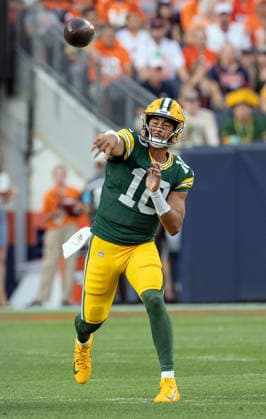 August 22, 2026, Denver, Colorado, USA: Packers QB JORDAN LOVE throws a pass during the 1st. Half at Empower Field at Mile High Friday evening. Packers beat the Broncos in Pre-Season 33-13. Credit Image: ZUMA Press Wire) Denver USA - ZUMAav4_ 20260822_zaf_av4_030 Copyright: xHectorxAcevedox
