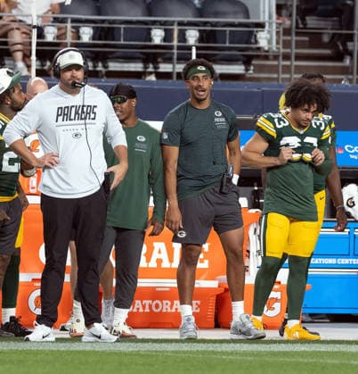 August 22, 2026, Denver, Colorado, USA: Packers QB JORDAN LOVE looks on from the sideline during the 2nd. Half at Empower Field at Mile High Friday evening. Packers beat the Broncos in Pre-Season 33-13. Credit Image: ZUMA Press Wire) Denver USA - ZUMAav4_ 20260822_zaf_av4_039 Copyright: xHectorxAcevedox