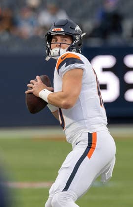 August 22, 2026, Denver, Colorado, USA: Broncos QB BO NIX readies to throw a pass on from the sidelines during the 1st. Half at Empower Field at Mile High Friday evening. Packers beat the Broncos in Pre-Season 33-13. Credit Image: ZUMA Press Wire) Denver USA - ZUMAav4_ 20260822_zaf_av4_049 Copyright: xHectorxAcevedox
